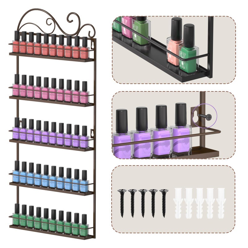 ERYTLLY Wall Mounted Nail Polish Rack, Rectangle Nail Storage Organizer, Salon Shelf Organizer (Brown) - Image 4
